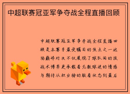 中超联赛冠亚军争夺战全程直播回顾